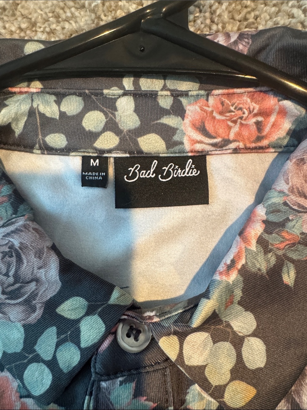 Bad Birdie Black Floral Polo with Pink and White Roses - Picture 3 of 3